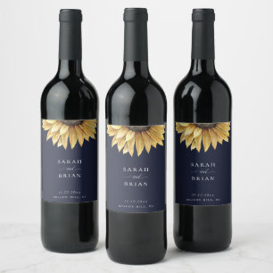 Elegant Solros Bröllop marinblått Vinflaska Etikett