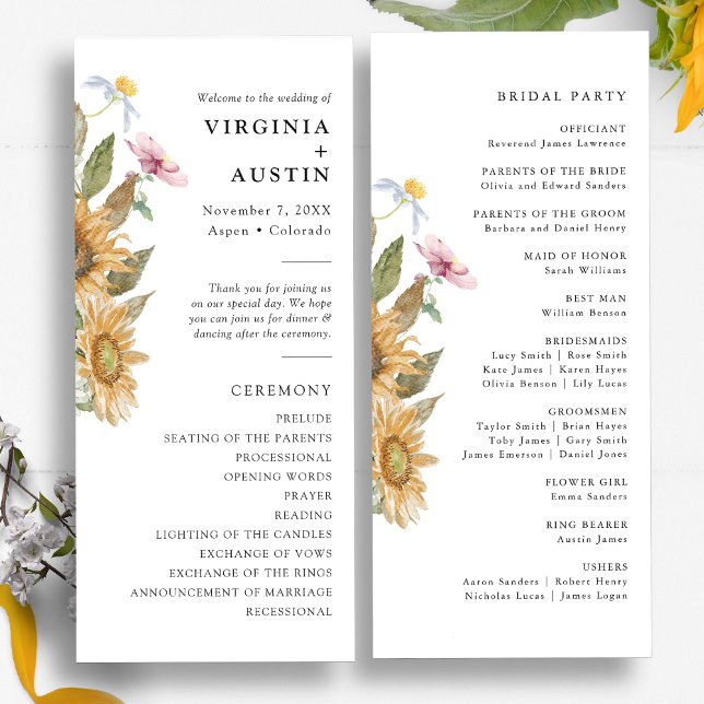 Elegant Solros Bröllop Program (Elegant Sunflower Wildflower Watercolor Wedding Program by Painted Paperie)