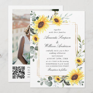 Elegant Solros Eucalyptus Bröllop Photo QR-kod Inbjudningar