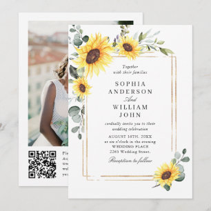 Elegant Solros Eucalyptus Bröllop Photo QR-kod Inbjudningar