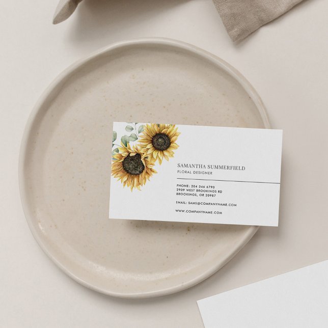 Elegant Solros Eucalyptus Florist Modern Visitkort (Sunflower Floral Eucalyptus Minimalist Business Card)