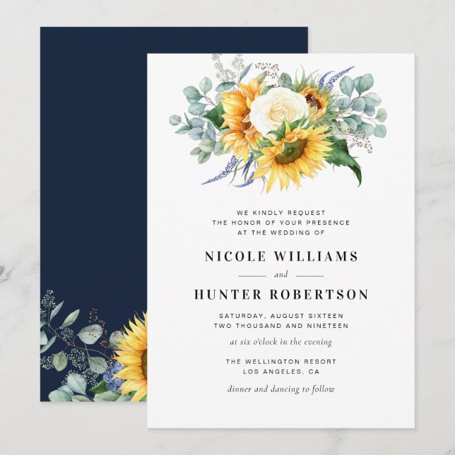 elegant solros eucalyptus marinblått bröllop inbjudningar (Fram/baksida)