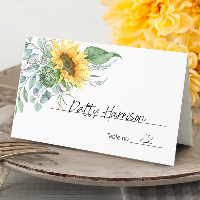 Elegant solros eukalyptus grönska placeringskort (Elegant Sunflower Eucalyptus Greenery Place Card)