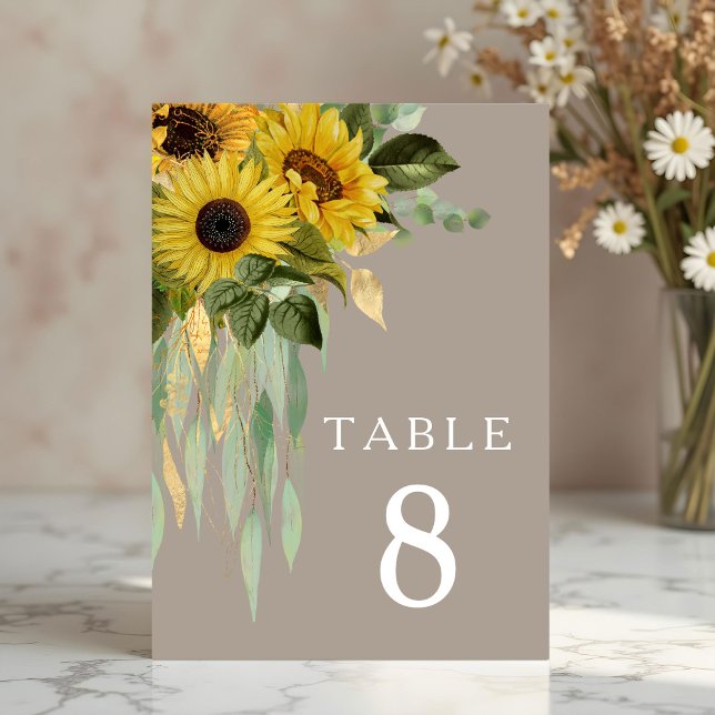 Elegant solros eukalyptus taupe bröllop bordsnummer (Elegant Sunflower Eucalyptus Taupe Wedding Table Number)