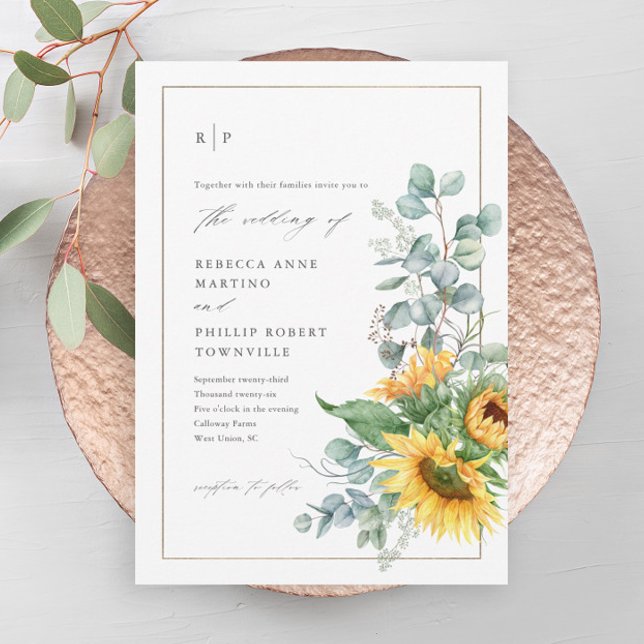 Elegant solros eukalyptus vattenfärg bröllop inbjudningar (An elegant sunflower eucalyptus greenery leaves wedding invitation.)