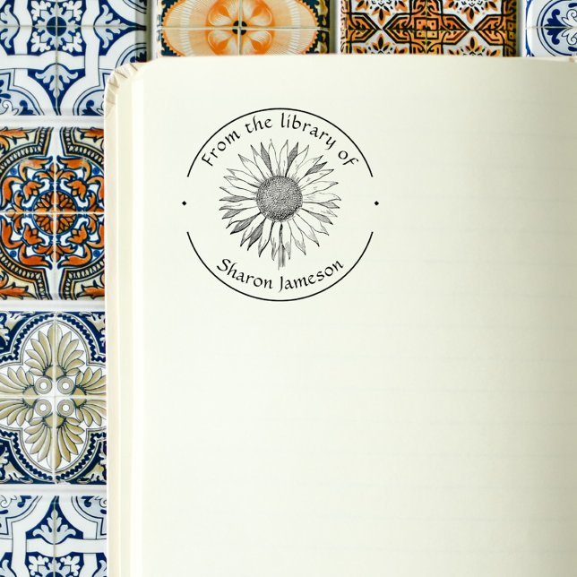 Elegant Solros/ Från Bibliotek i/ Namn / Stämpel (Custom Name Elegant From The Library Sunflower Library Books Stamp)