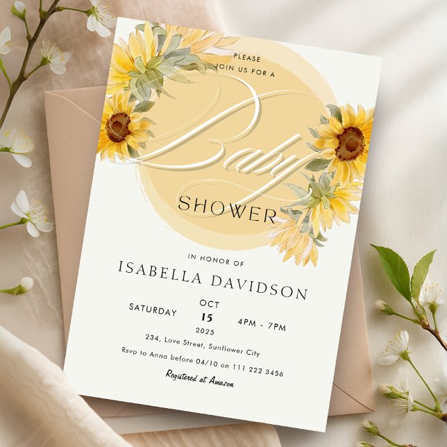 Elegant Solros Gult Blommigt Babykläder Inbjudningar (Elegant Sunflower Yellow Floral Baby Shower Invitation)