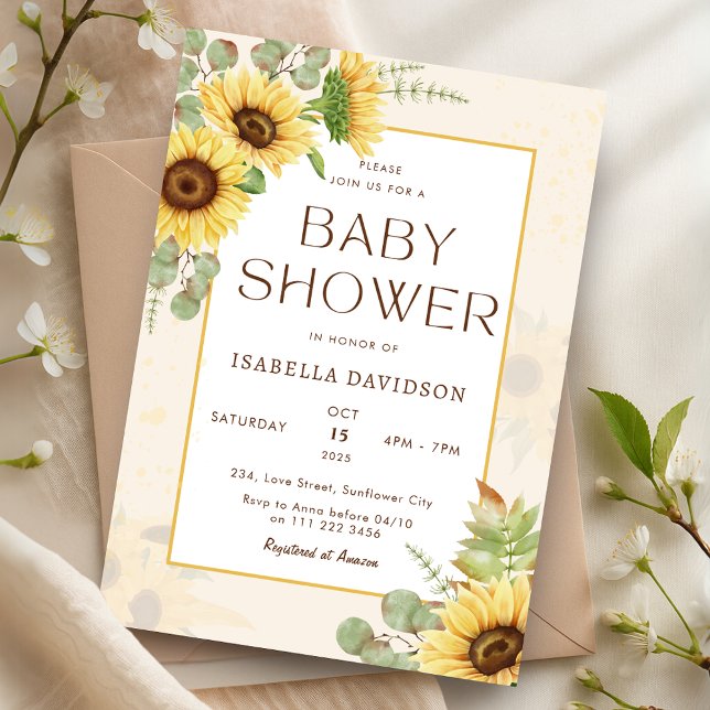 Elegant Solros Gult Blommigt Babykläder Inbjudningar (Elegant Sunflower Yellow Floral Baby Shower Invitation)