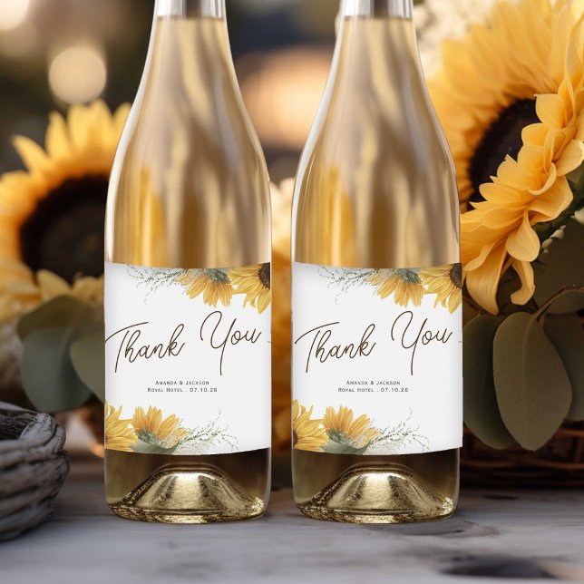 Elegant solros, land fall bröllopsförmån (Sunflower thank you wine labels, for rustic wedding reception.)
