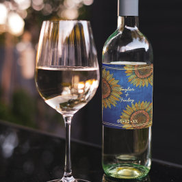 Elegant Solros Land Rustic Navy Blue Bröllop Vinflaska Etikett