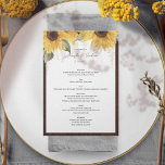 Elegant Solros, Landsbyggsbröllop Menu Meny<br><div class="desc">Vi presenterar vår Rustic Sunblomma Bröllop Menu-kort, perfekt för att lägga till en varm, land-charm till din speciella dag. De här A7-korten har en vackert utformad design som visar upp livfulla solrosor, symboliserar adoration och lojalitet, som ställs mot en strålande bakgrund. De här menykorten är idealiska för både fall och...</div>