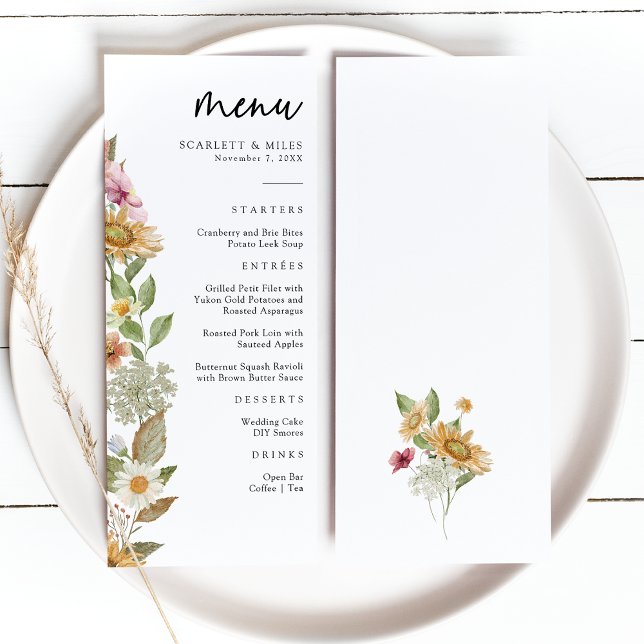 Elegant Solros Meny (Elegant White Watercolor Sunflower Wildflower Wedding Menu by Painted Paperie
)