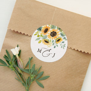 Elegant Solros Monogram Bröllop Runt Klistermärke