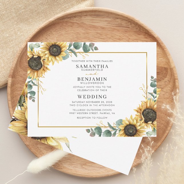 Elegant Solros Rustic Bröllop Inbjudningar (Floral Sunflower Eucalyptus Greenery Watercolor Wedding Invitation)