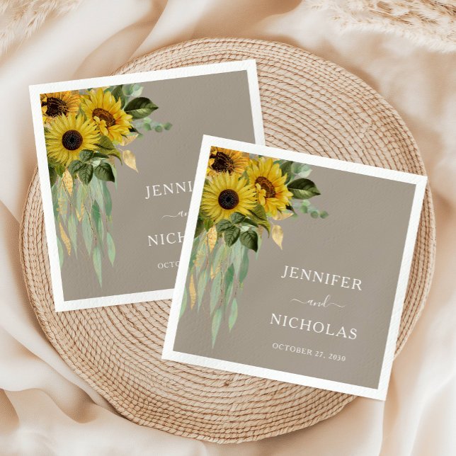 Elegant Solros Taupe Bröllop Pappersservett (Elegant Sunflower Taupe Wedding Napkins)