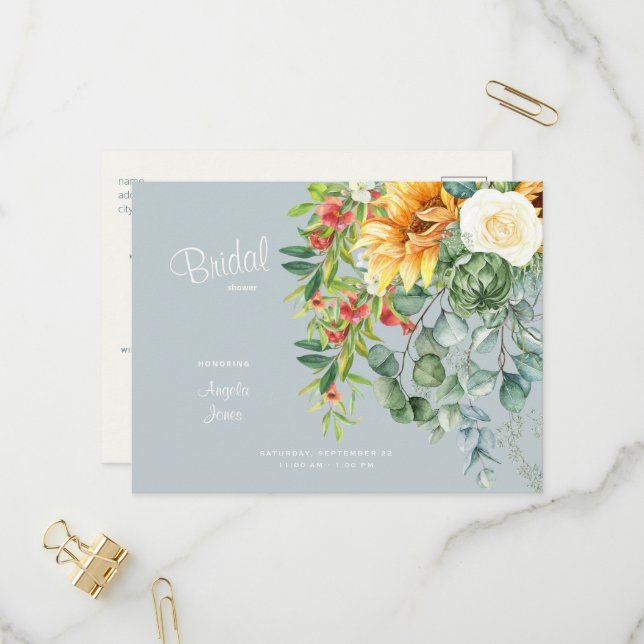 Elegant Solros Tuscan Dusty Blue Möhippa Inbjudan Vykort (Fram/Back In Situ)