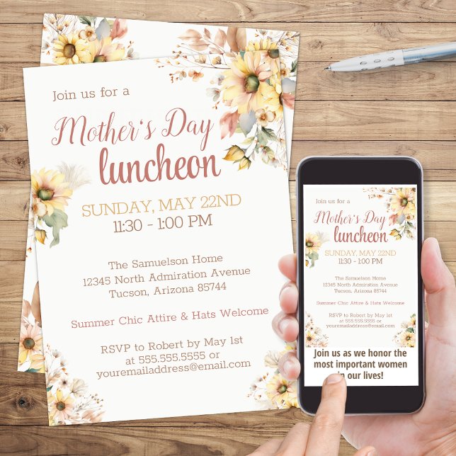 Elegant Solros Watercolor Blommigt Mors dag Inbjudningar (Elegant Sunflower Mother's Day Luncheon Brunch or Social Event Invitation)