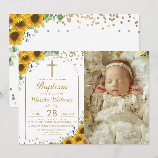 Elegant Solrosblomma Guld Glitter Baptism Foto Inbjudningar (Fram/baksida)