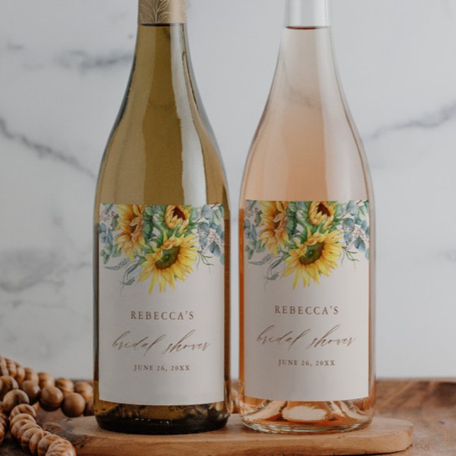 Elegant SolrosMöhippa Vinflaska Etikett (Rustic sunflower eucalyptus wedding bridal shower wine labels.)