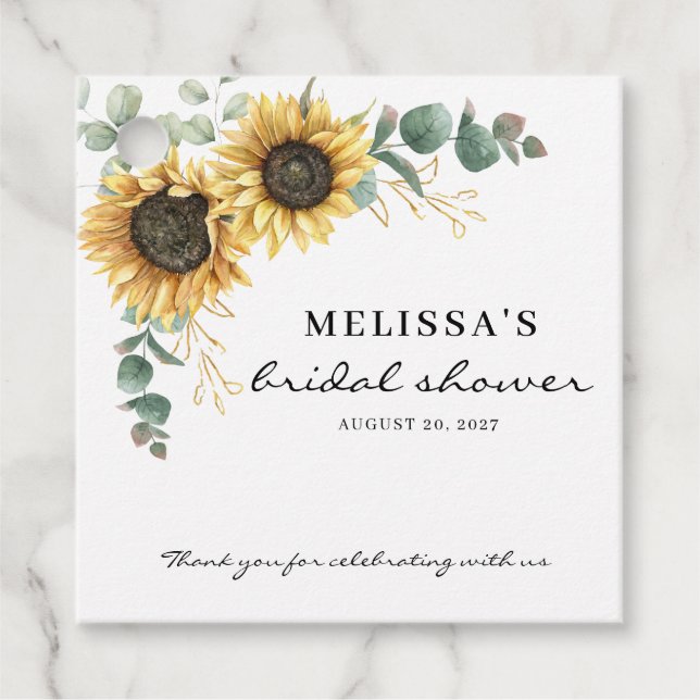 Elegant Solrosolja Eucalyptus Blommigt Möhippa Gåvor Etiketter (Framsida)