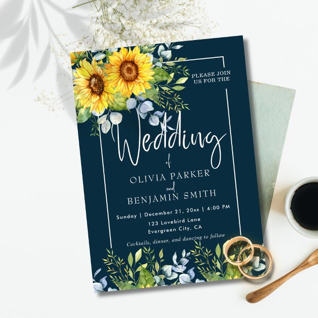 Elegant Solrosolja Kalligrafi Navy Blue Bröllop Inbjudningar ( Elegant Sunflower Calligraphy Navy Blue Wedding Invitation )