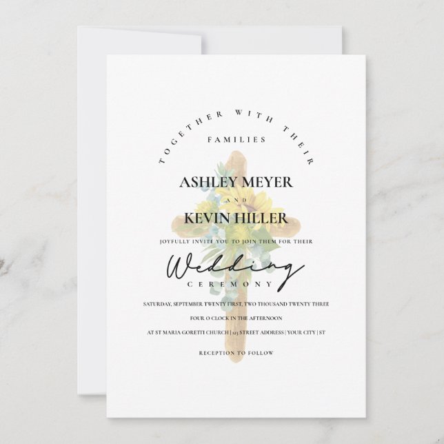 Elegant Solrosskrot Rustic Wood Kor Bröllop Inbjudningar (Framsida)