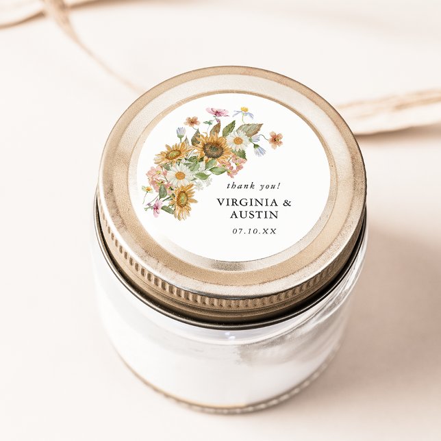 Elegant Solrosstiftare Runt Klistermärke (Elegant Sunflower Wildflower Round Thank You Sticker by Painted Paperie
)