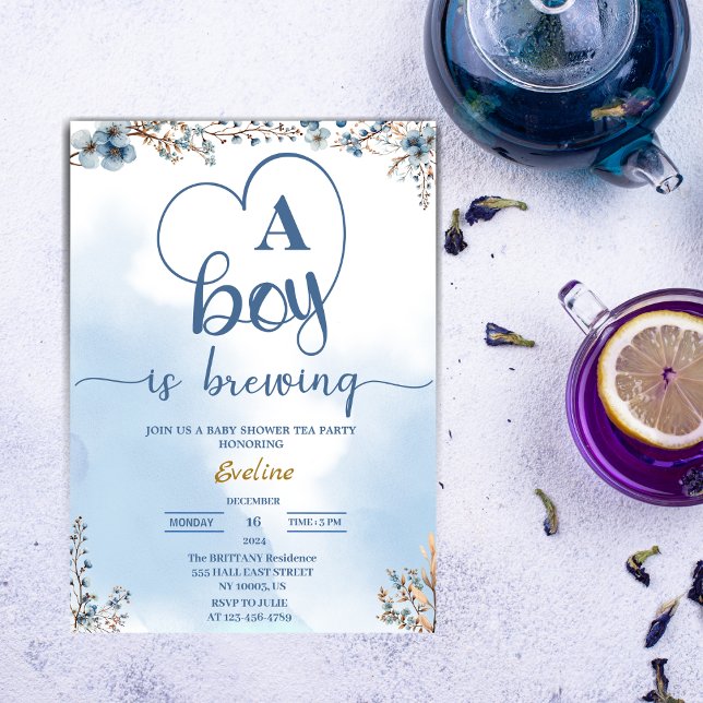 Elegant som en pojke brinner i Party Bebisduschen  Inbjudningar (tea party watercolor blue baby boy )
