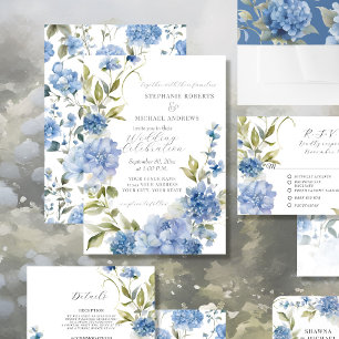 Elegant Sommar Blommigt Blue and White Bröllop Inbjudningar