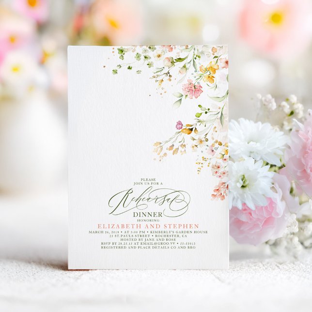 Elegant Sommar Meadow Wildblommor Rehearsal Middag Inbjudningar (Wildflower Rehearsal Dinner Invitation)