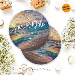 Elegant Sommar-sunset Beach String Ljus Bröllop Spara Datumet