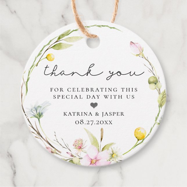 Elegant sommar vildblomma krans bröllop gåvor etiketter (Framsida)
