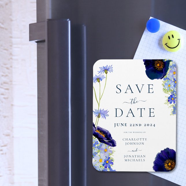 Elegant Sommarblommig Blå Bröllop Magnet (Elegant wildflower watercolor blue summer floral wedding save the date invitation fridge magnet)