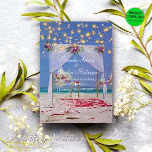Elegant Sommarsolnedgång String Ljus Beach Wedding Inbjudningar