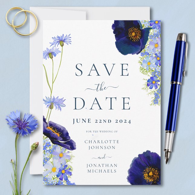Elegant, sommartid, Blommigt Blue Bröllop Spara Datumet (Elegant blue floral wedding save the date invitation with stylish typography )
