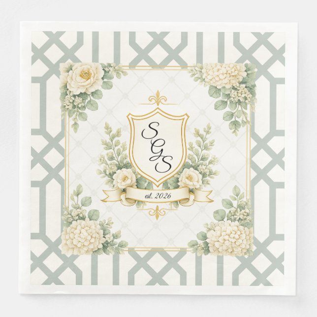 Elegant sommarträdgårdssoaré Blommig monogram  Pappersservett (Framsida)