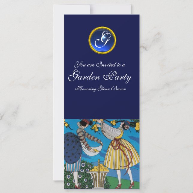 ELEGANT SOMMER GARDEN PARTY, SAPPHIRE GEM MONOGRAM INBJUDNINGAR (Framsida)