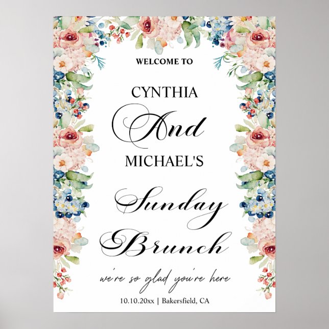 Elegant Söndag Brunch Bröllop Blommigt Poster (Framsidan)