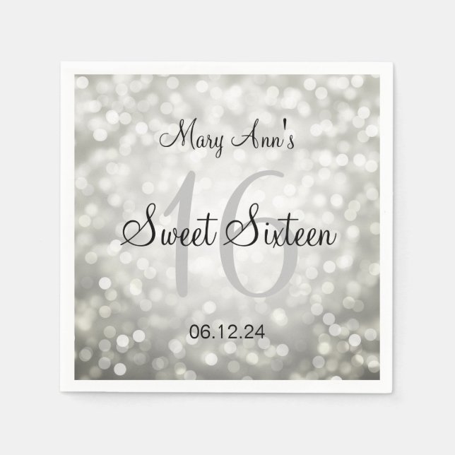 Elegant Söt 16 Födelsedag Silver Glitter Ljus Pappersservett (Framsidan)
