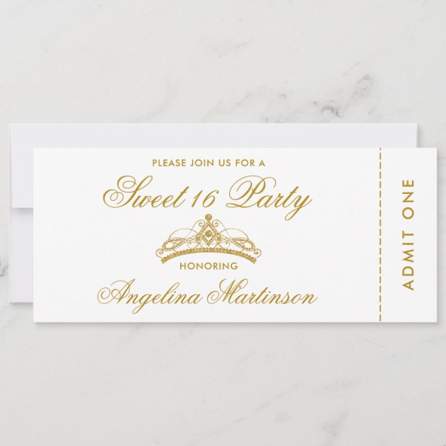 Elegant Söt 16 Party Guld och Vita Biljett Inbjudningar (Framsida)