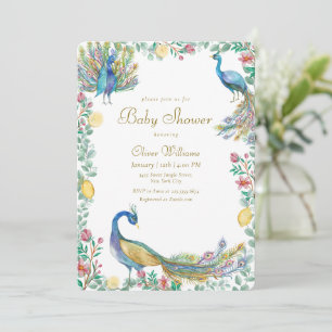 Elegant Söt Blommig Citron Påfågel Baby Shower Inbjudningar