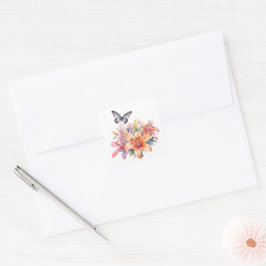 Elegant Söt Blommig & Fjärilsdesign Fyrkantigt Klistermärke