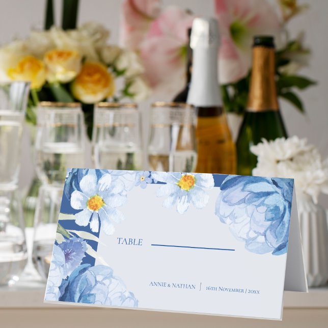 Elegant Söt Blue White Blommigt Trendig Bröllop Placeringskort (Elegant Pretty Blue White Floral Trendy Wedding Place Card)