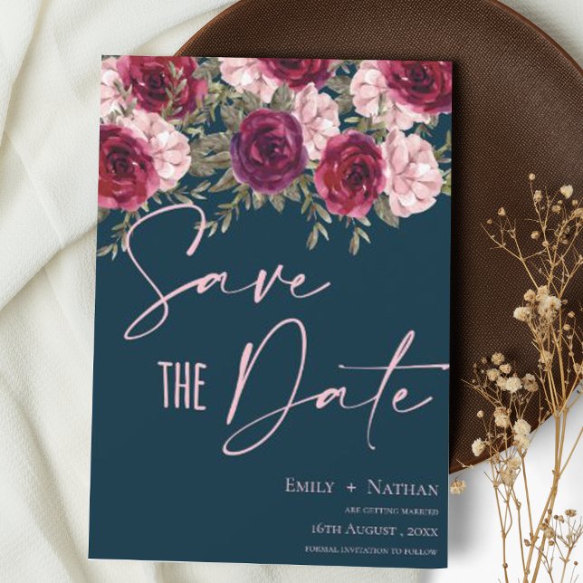 Elegant Söt Burgundy Peach Blue Blommigt Bröllop Spara Datumet (Skapare uppladdad)