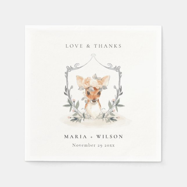Elegant Söt Dyster Hjort Blommig Vapen Bröllop Pappersservett (Framsidan)