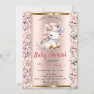 Elegant Söt Enhörning Roser Rosa Guld Bebis Shower Inbjudningar