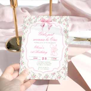 Elegant Söt Gås Rosa Flicka Första Födelsedag Inbjudningar