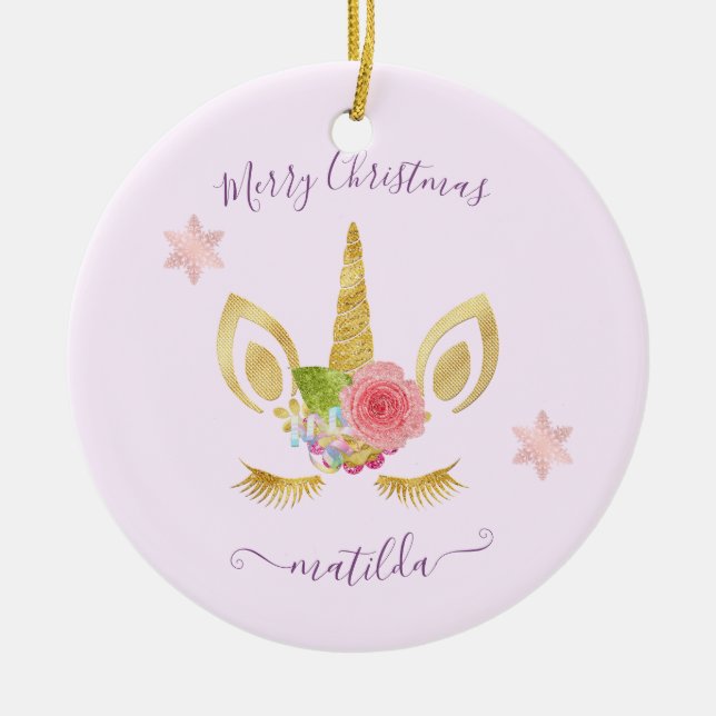 Elegant söt God jul guld glitter unicorn Julgransprydnad Keramik (Framsidan)