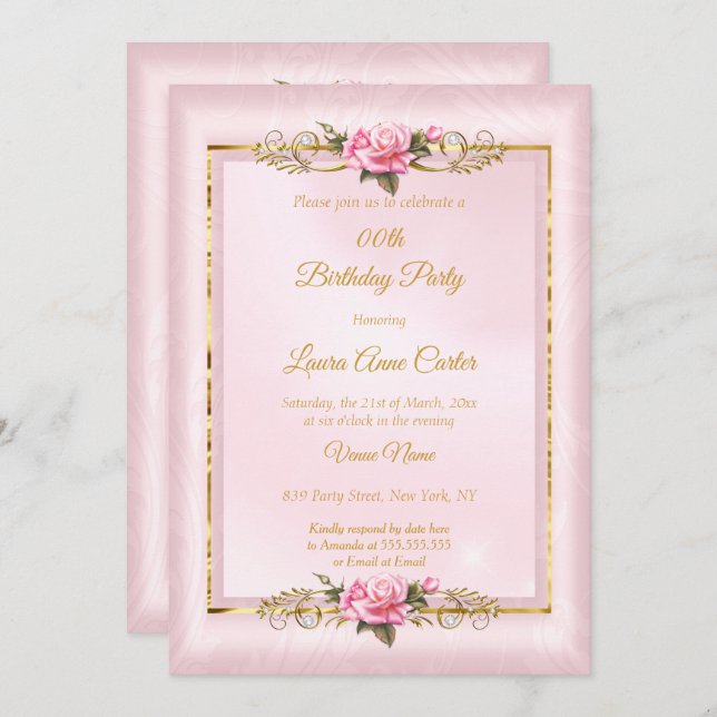 Elegant söt Guld rosa ros Födelsedagsfest Inbjudningar (Fram/baksida)