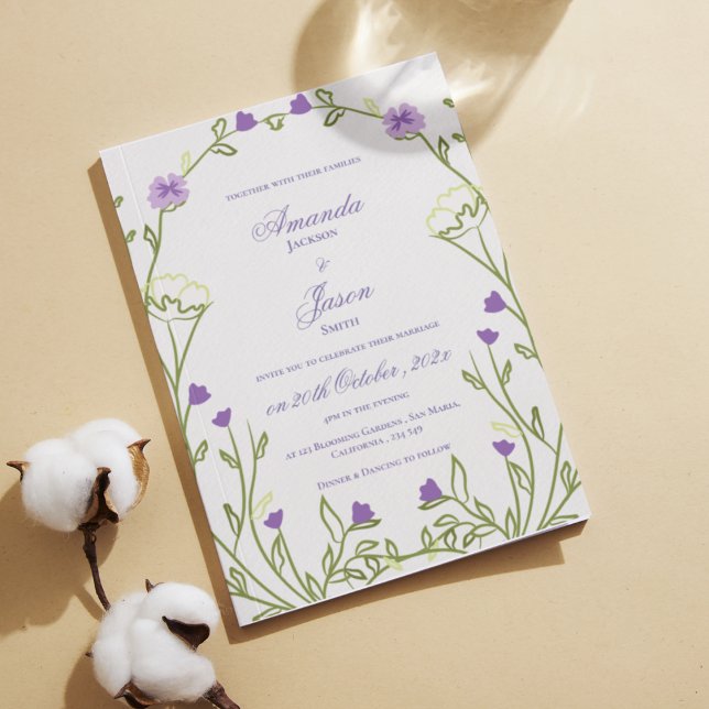 Elegant Söt Lila Blue Blommigt Ram Bröllop Inbjudningar (Elegant Pretty Purple Blue Floral Frame Wedding Invitation)